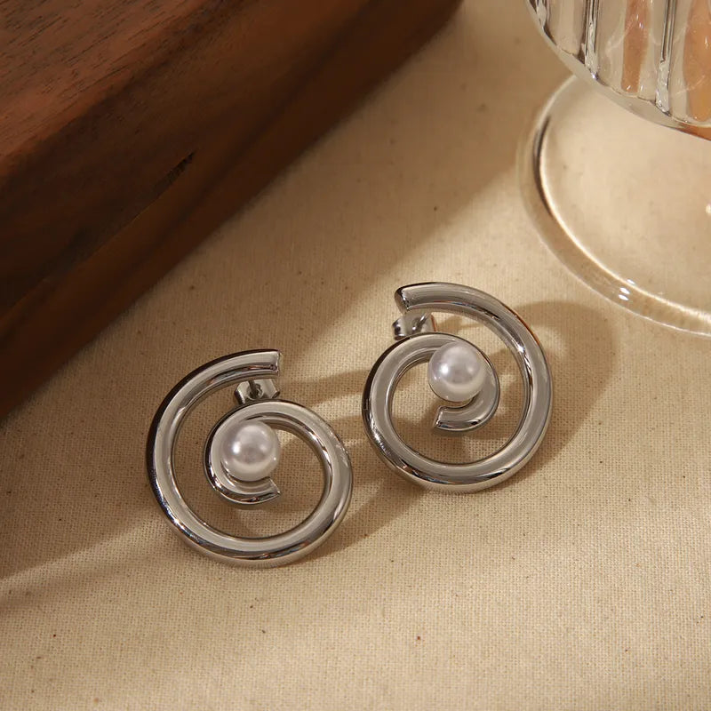 Luxurious French Style Commute Solid Color Spiral Inlay 304 Stainless Steel Artificial Pearls 18K Gold Plated Ear Studs