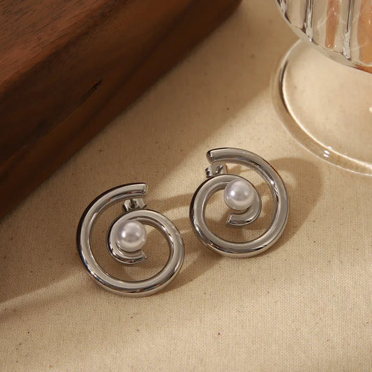 Luxurious French Style Commute Solid Color Spiral Inlay 304 Stainless Steel Artificial Pearls 18K Gold Plated Ear Studs