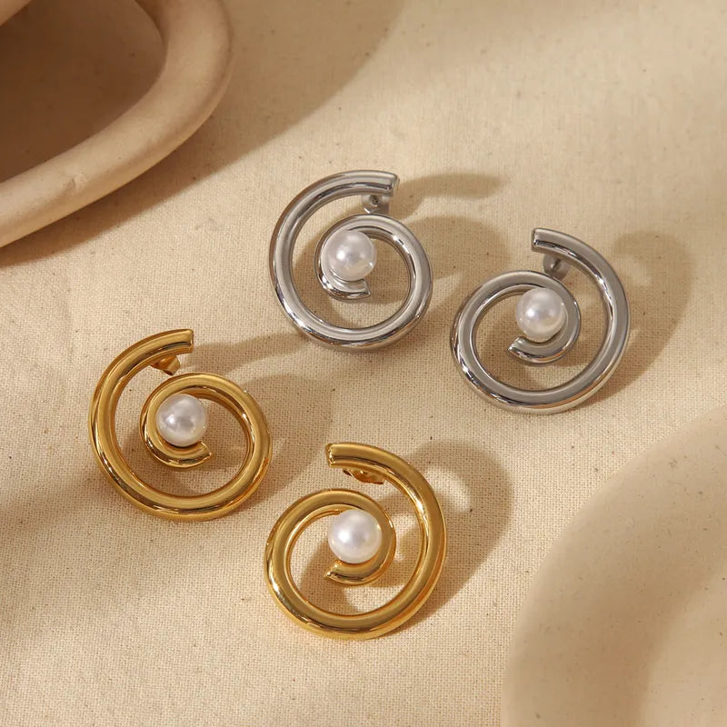 Luxurious French Style Commute Solid Color Spiral Inlay 304 Stainless Steel Artificial Pearls 18K Gold Plated Ear Studs