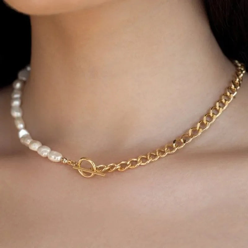 Luxurious Romantic Color Block Stainless Steel Freshwater Pearl Beaded Plating 18k Gold Plated Necklace