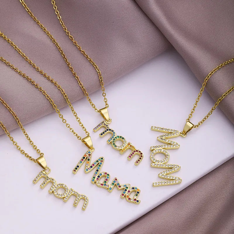 Mama Simple Style Letter Stainless Steel Plating Inlay Zircon 18k Gold Plated Pendant Necklace