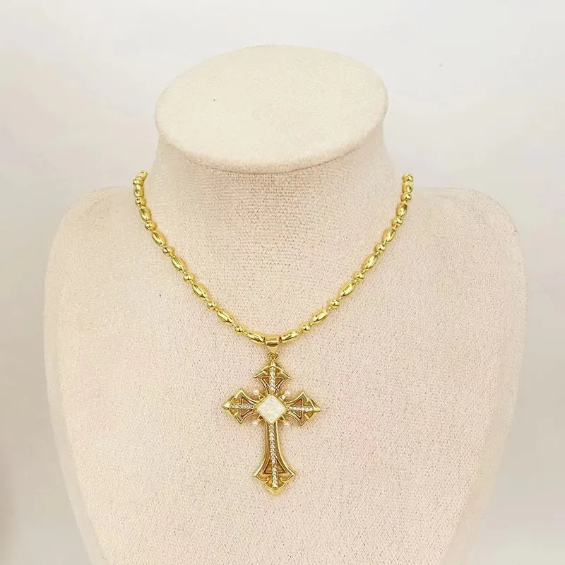 Mother Pearl Shellfish Copper Plating Cross Pendant Necklace