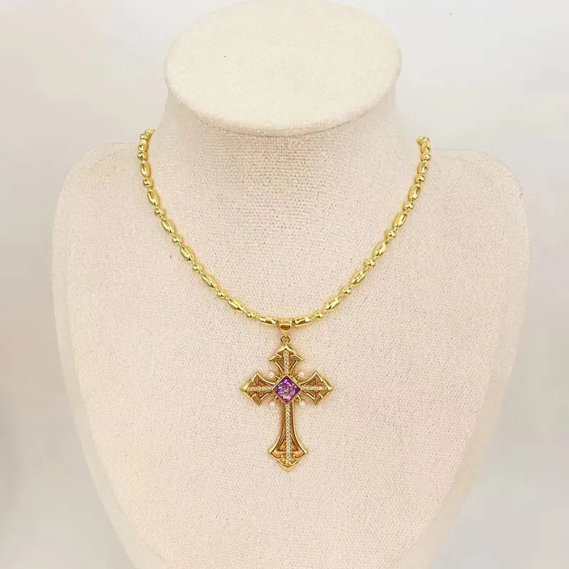 Mother Pearl Shellfish Copper Plating Cross Pendant Necklace