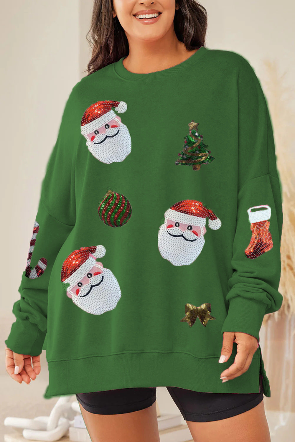 Hoodies & Sweatshirts Long Sleeve Sequins Casual Christmas Tree Santa Claus