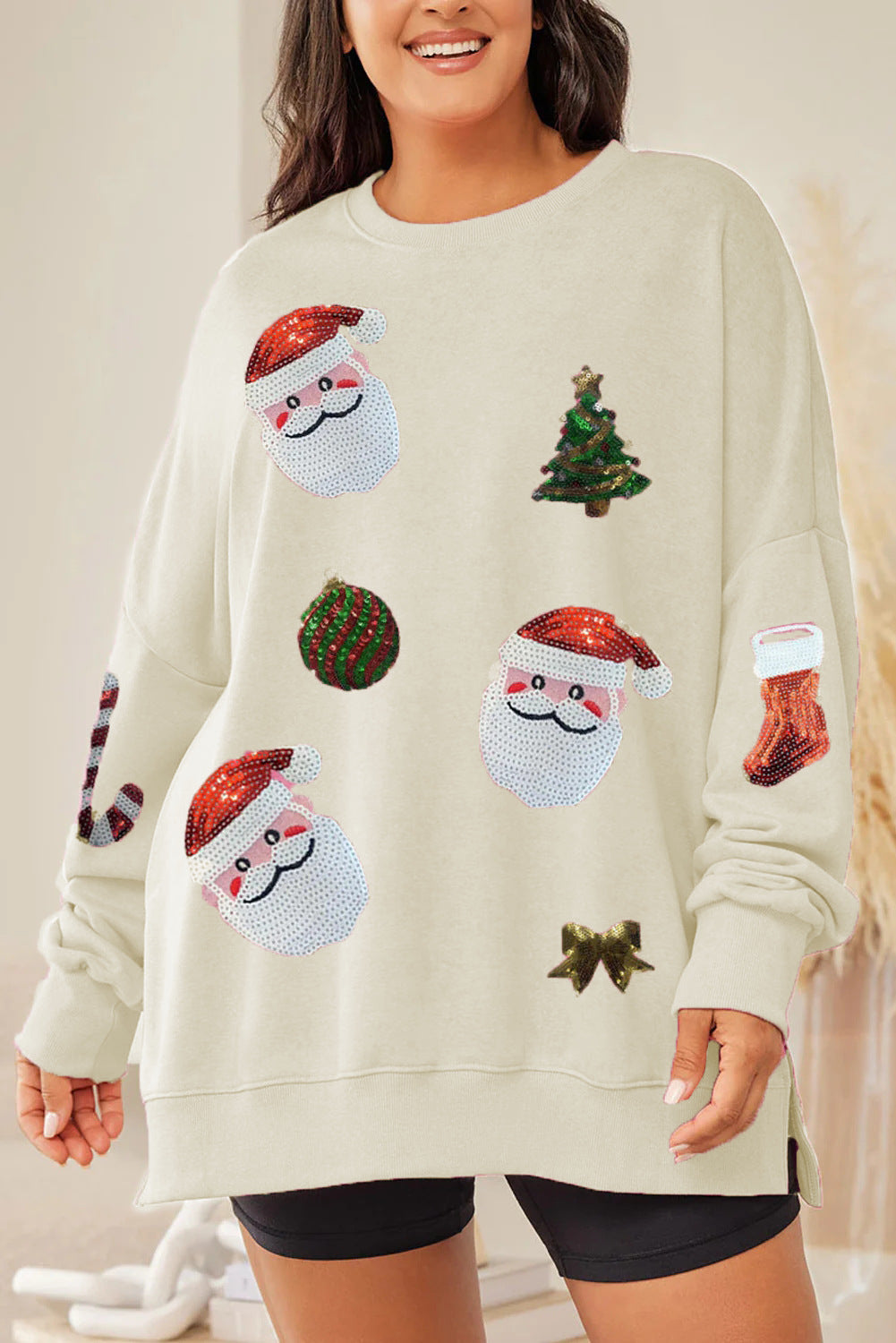 Hoodies & Sweatshirts Long Sleeve Sequins Casual Christmas Tree Santa Claus