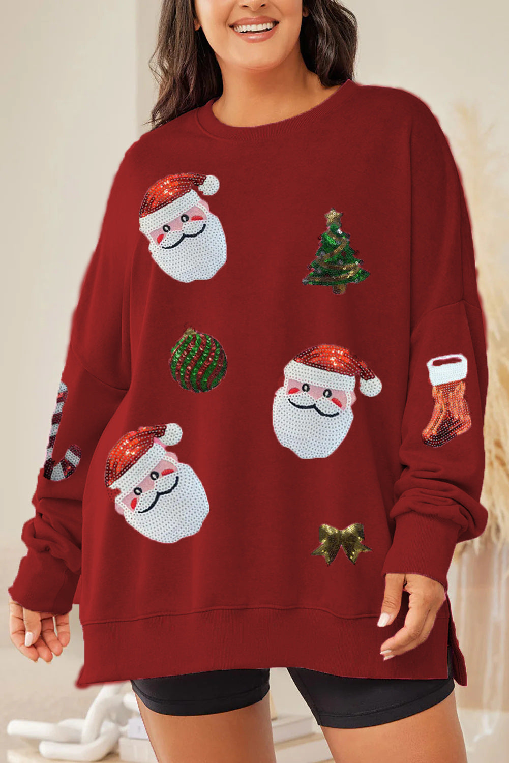 Hoodies & Sweatshirts Long Sleeve Sequins Casual Christmas Tree Santa Claus