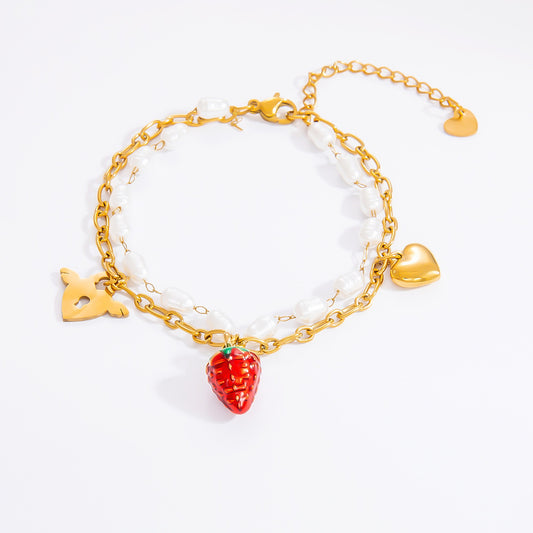 Cute Classic Style Sun Heart Shape Strawberry 304 Stainless Steel Paperclip Chain Multi Charms Bracelet In Bulk