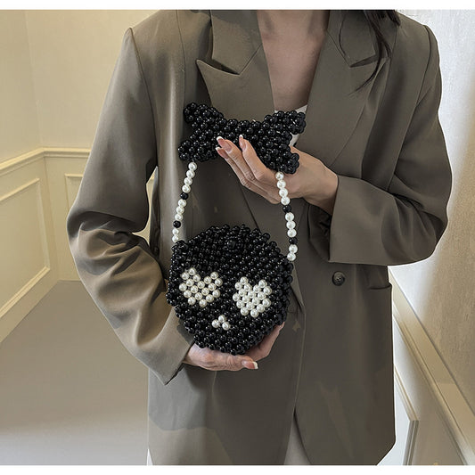 Women's Small Beaded Pearl Skull Cute Round Buckle Handbag