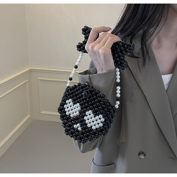 Women's Small Beaded Pearl Skull Cute Round Buckle Handbag