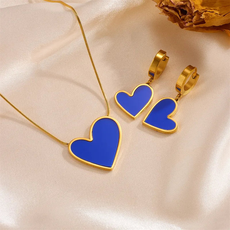 Princess Cute Simple Style Heart Shape Stainless Steel Plating Inlay Shell 18k Gold Plated Earrings Necklace