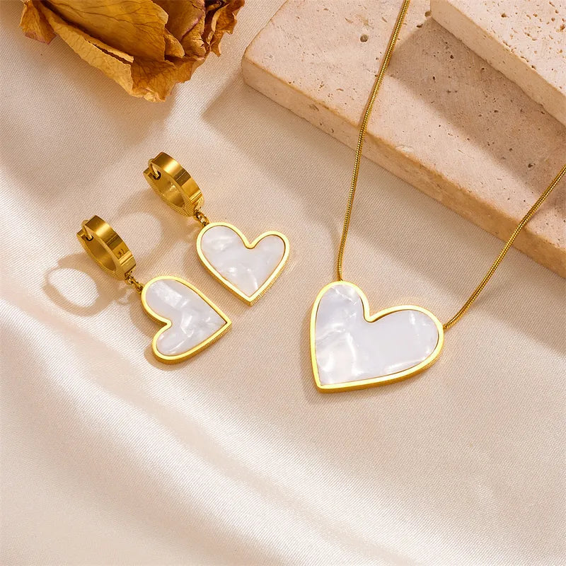 Style Heart Shape Stainless Steel Plating Inlay Shell 18k Gold Plated Earrings Necklace