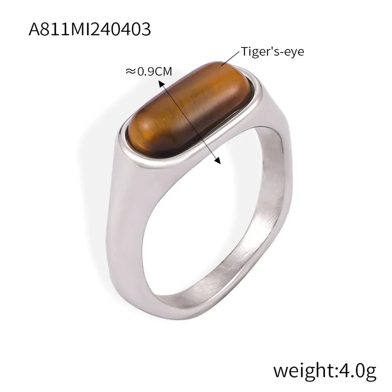 Retro British Style Oval Tiger Eye Titanium Steel 18K Gold Plated Tiger Eye Rings In Bulk