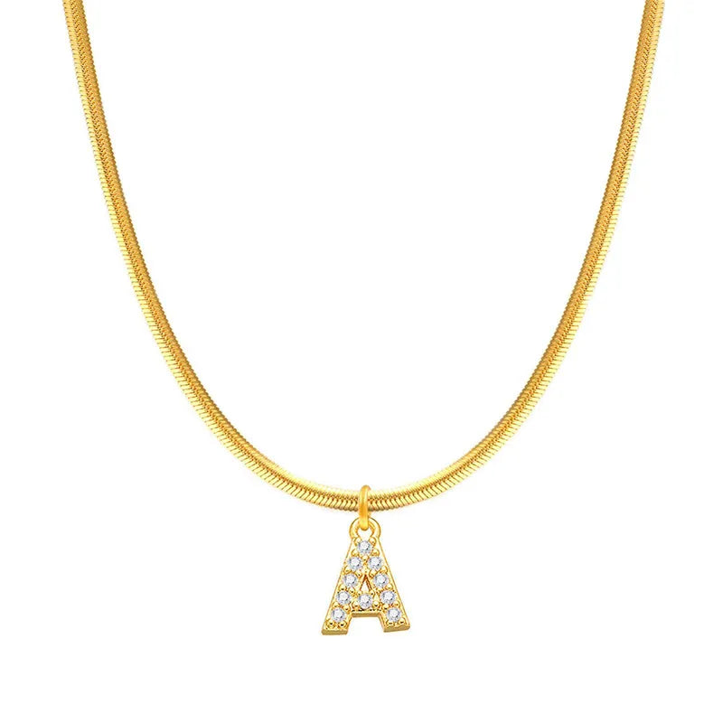 Retro Classic Style Letter Titanium Steel Inlay Zircon 14k Gold Plated Pendant Necklace