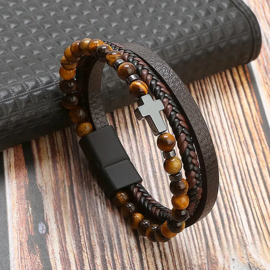 Retro Cross Alloy Natural Stone Haematite Men's Bracelets