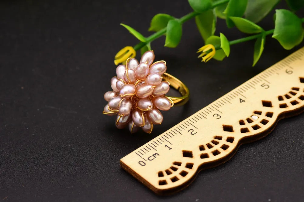 Retro Flower Freshwater Pearl Copper Plating Inlay Pearl 18k Gold Plated Rings