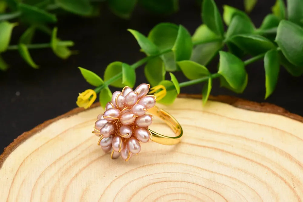 Retro Flower Freshwater Pearl Copper Plating Inlay Pearl 18k Gold Plated Rings