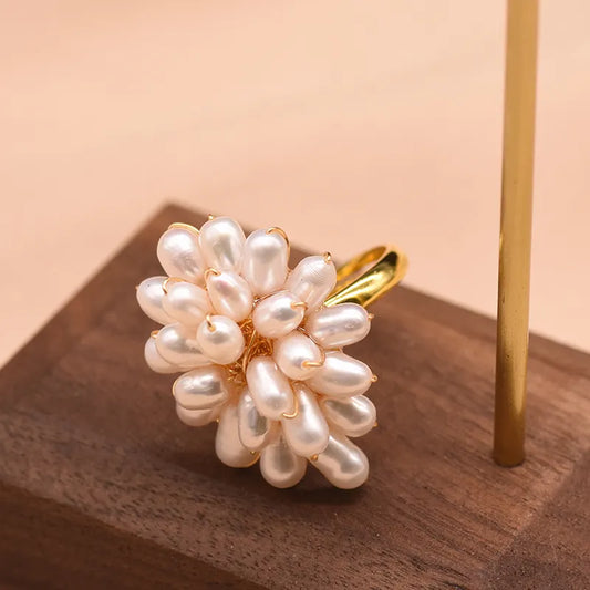 Retro Flower Freshwater Pearl Copper Plating Inlay Pearl 18k Gold Plated Rings