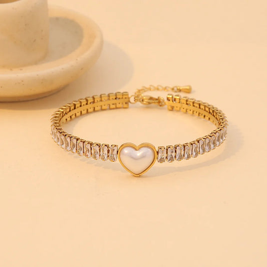 Retro Formal Classic Style Heart Shape 304 Stainless Steel 18K Gold Plated Acrylic Zircon Bangle In Bulk Stainless Steel Bracelets