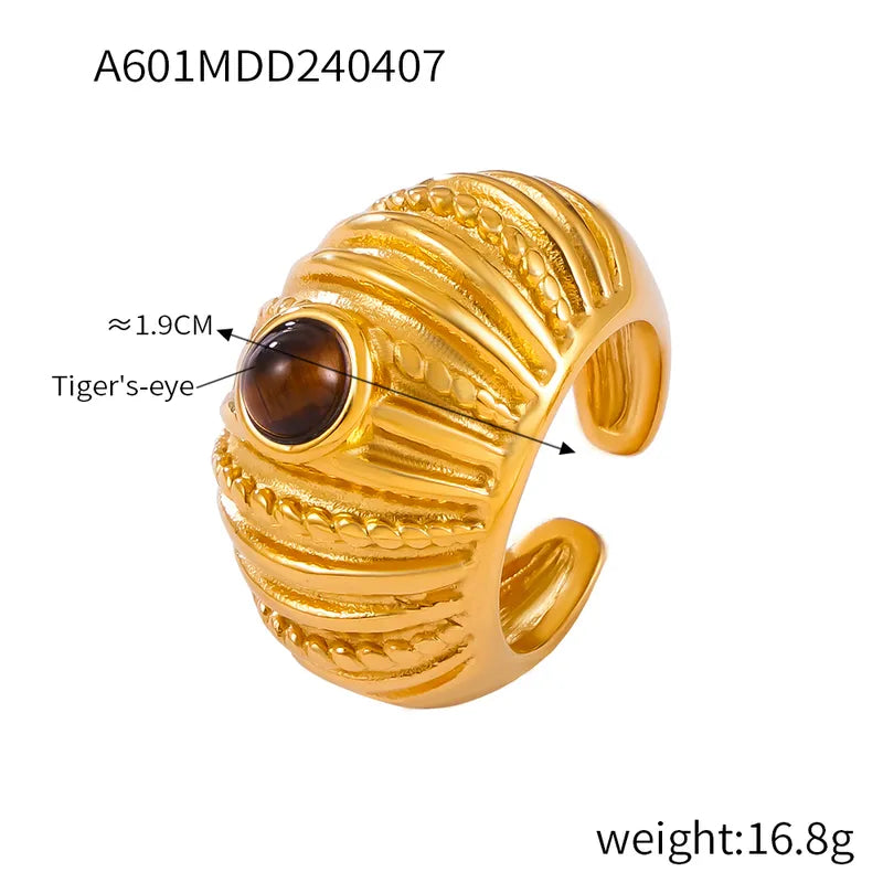 Retro Lady Classic Style Geometric Titanium Steel 18K Gold Plated Tiger Eye Open Rings In Bulk