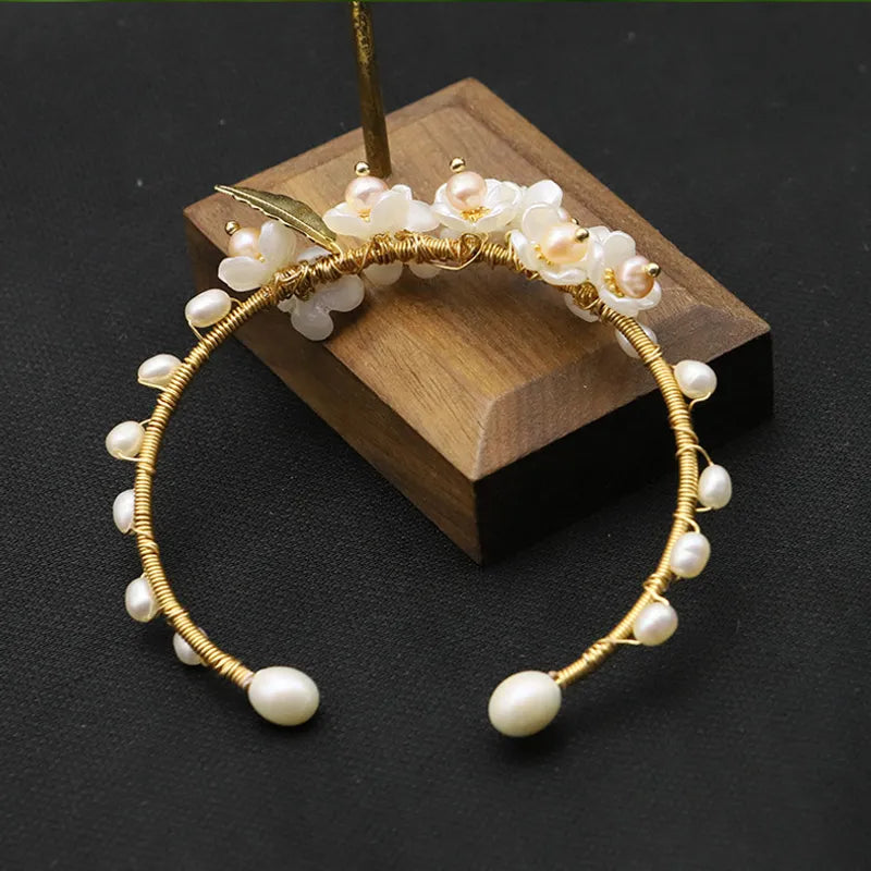 Retro Leaves Flower Freshwater Pearl Sterling Silver Plating 18k Gold Plated Bangle