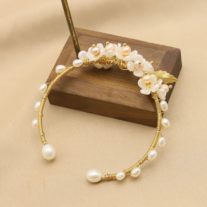 Retro Leaves Flower Freshwater Pearl Sterling Silver Plating 18k Gold Plated Bangle