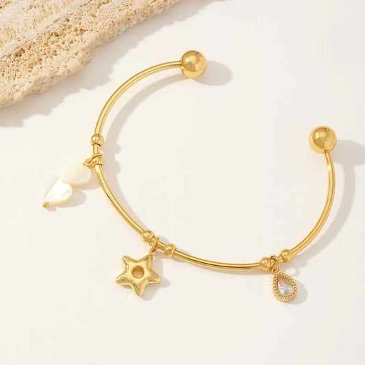 Retro Luxurious French Style Star Water Droplets Heart Shape 304 Stainless Steel 18K Gold Plated Acrylic Zircon Bangle In Bulk