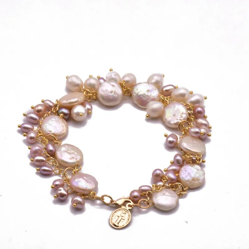 Retro Round Freshwater Pearl Beaded Plating 18k Gold Plated Bracelets