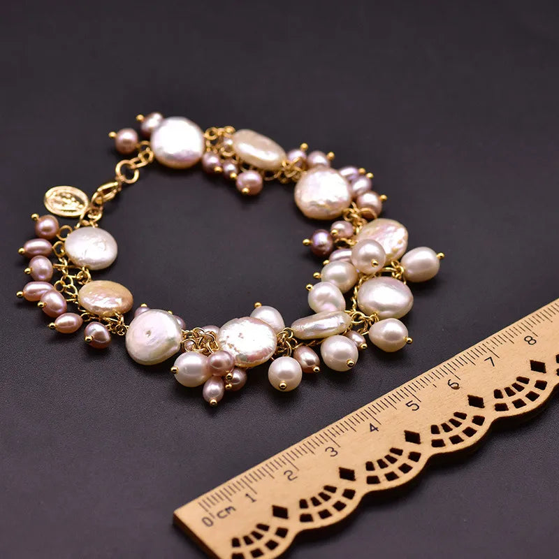 Retro Round Freshwater Pearl Beaded Plating 18k Gold Plated Bracelets