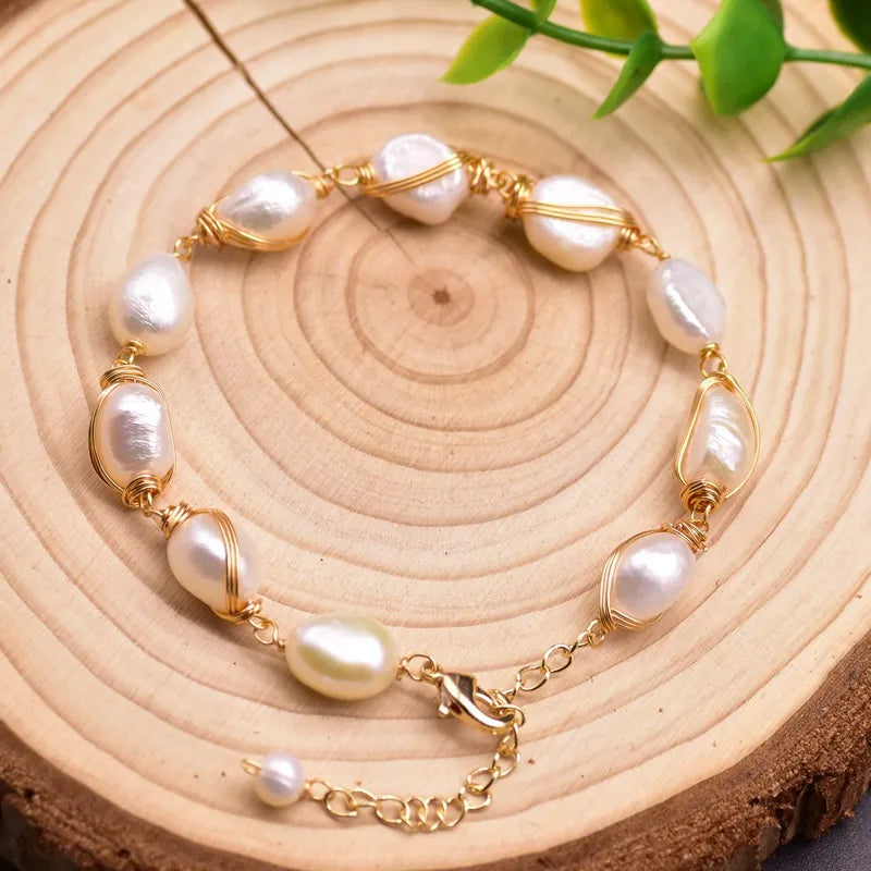 Retro Round Freshwater Pearl Copper Plating Gold Plated Bracelets