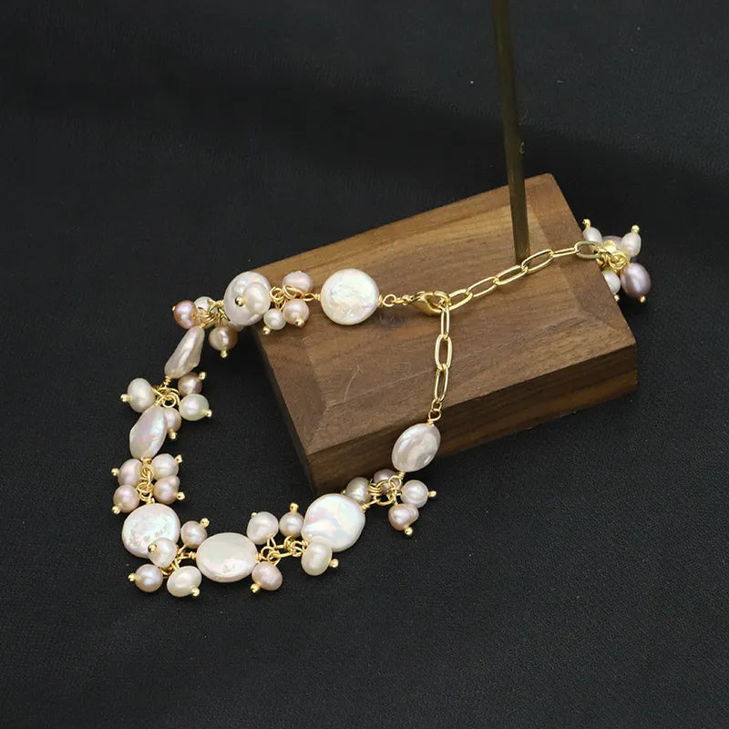 Retro Round Freshwater Pearl Copper Plating Gold Plated Bracelets