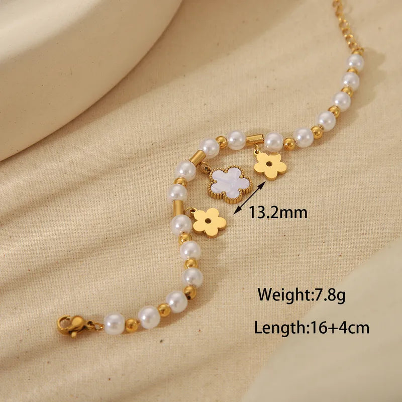 Retro Simple Style Commute Floral 304 Stainless Steel 18K Gold Plated Acrylic Beaded Chain Bracelets In Bulk Stainless Steel Bracelets