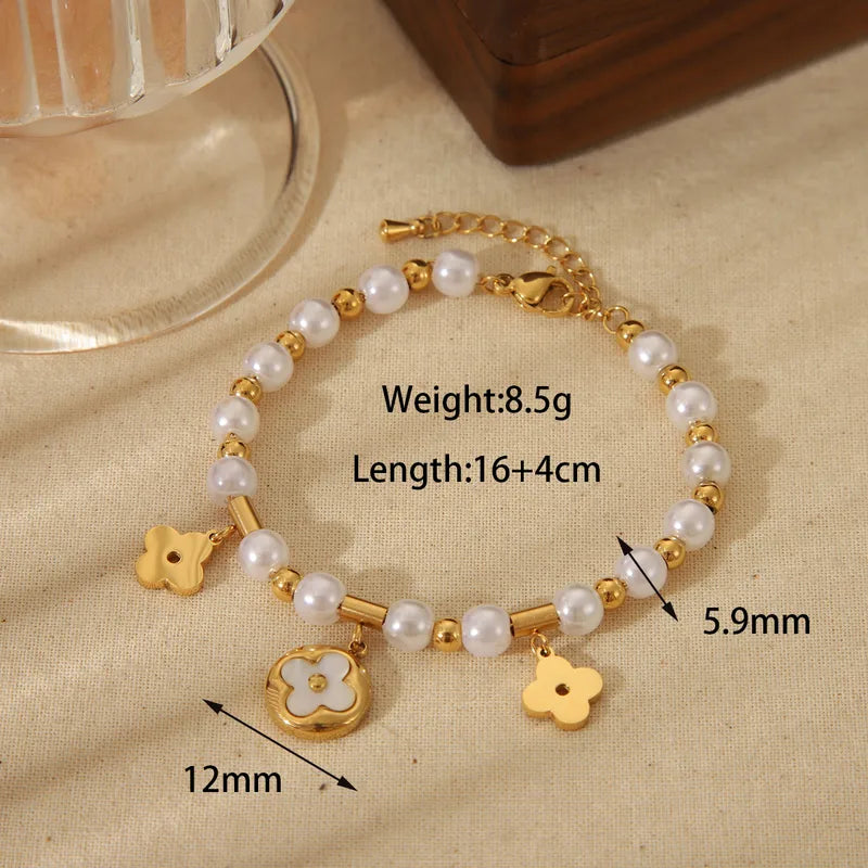 Retro Simple Style Commute Floral 304 Stainless Steel 18K Gold Plated Acrylic Beaded Chain Bracelets In Bulk Stainless Steel Bracelets