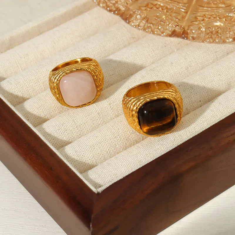 Square Tiger Eye Titanium Steel 18K Gold Plated Pink Crystal Tiger Eye Rings In Bulk