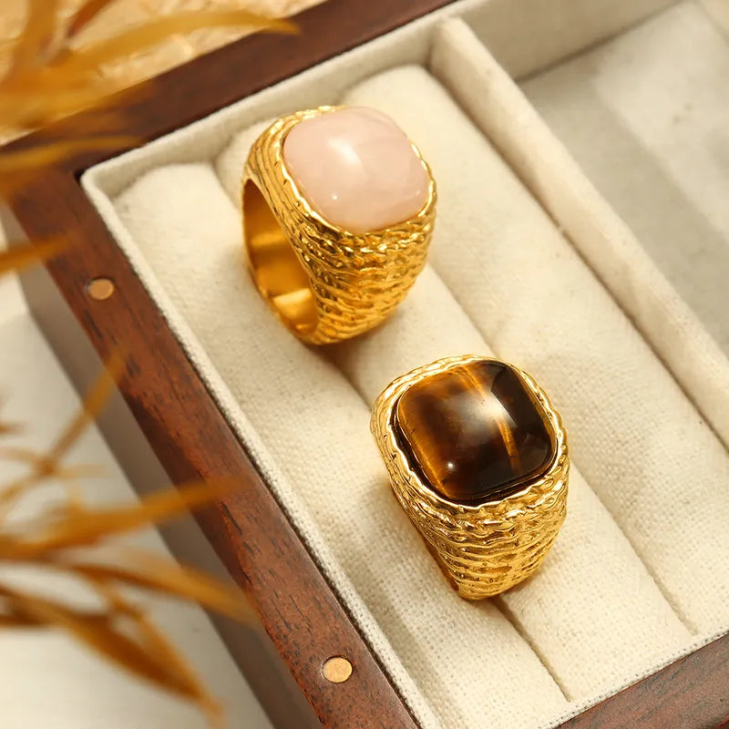 Square Tiger Eye Titanium Steel 18K Gold Plated Pink Crystal Tiger Eye Rings In Bulk