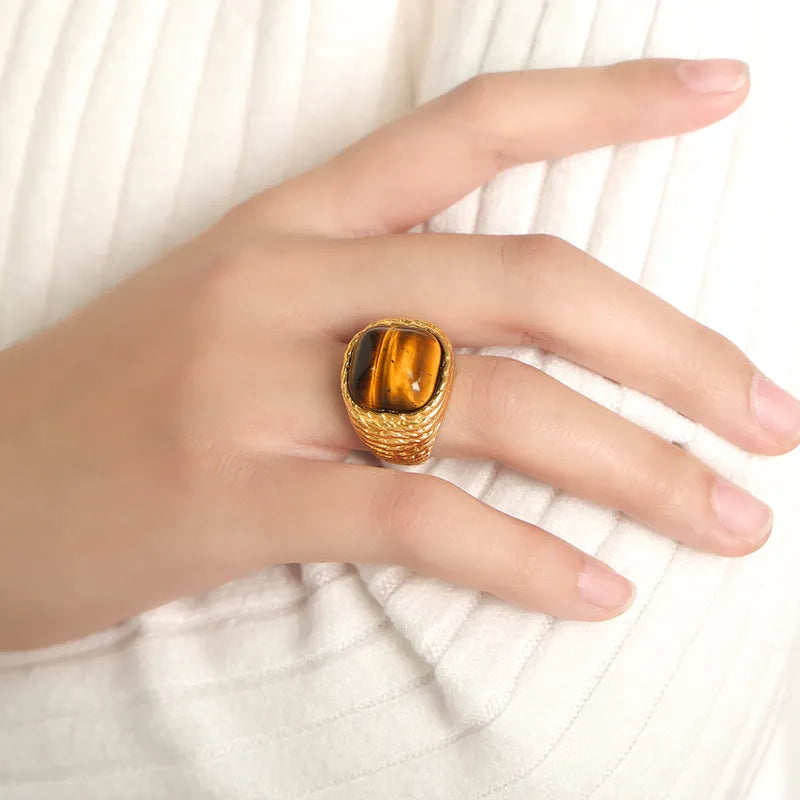 Square Tiger Eye Titanium Steel 18K Gold Plated Pink Crystal Tiger Eye Rings In Bulk