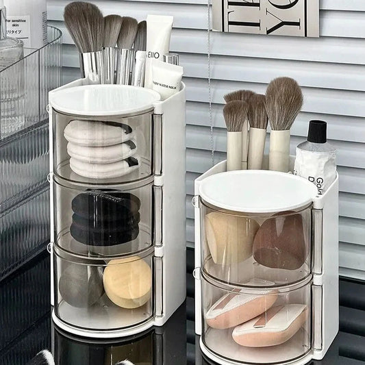 Rotating Puff Storage Box Desktop Lipstick Makeup Brush Storage Rack Transparent Two-in-one Dustproof Beauty Egg Air Cushion Rack