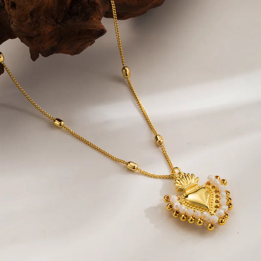 Seed Bead Copper Cable Chain 18K Gold Plated Heart Shape Pendant Necklace