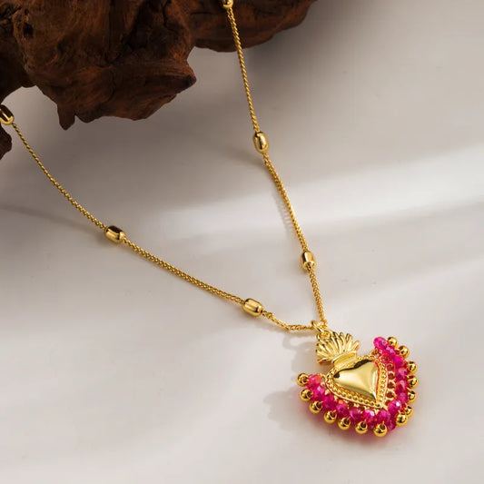 Seed Bead Copper Cable Chain 18K Gold Plated Heart Shape Pendant Necklace