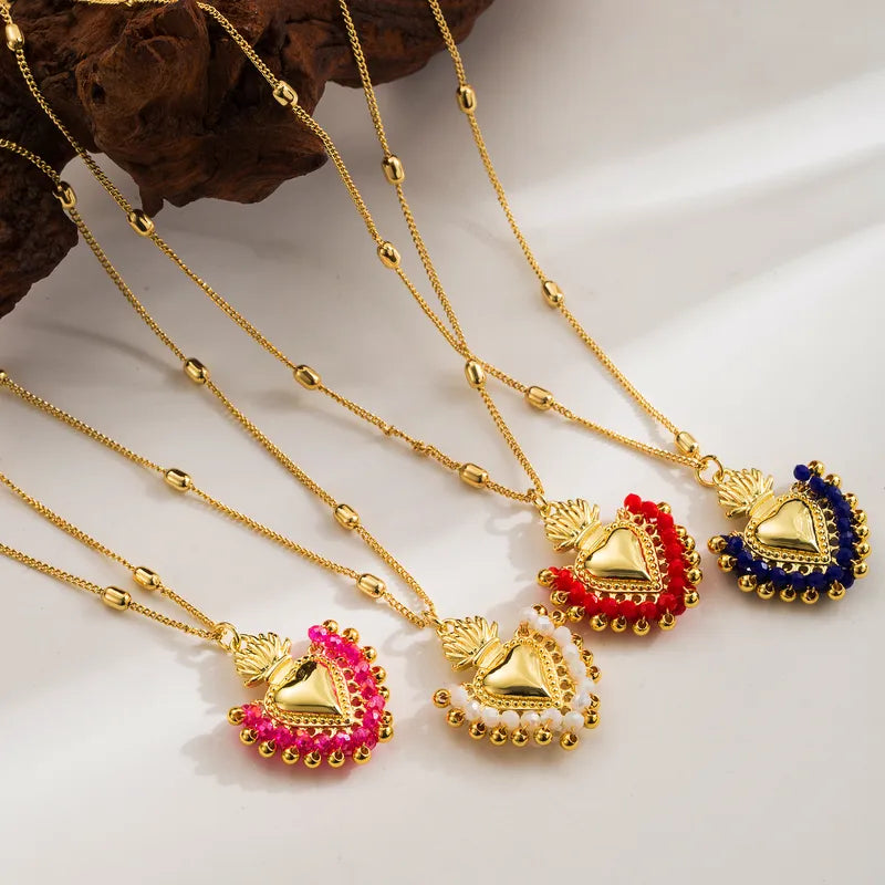 Seed Bead Copper Cable Chain 18K Gold Plated Heart Shape Pendant Necklace