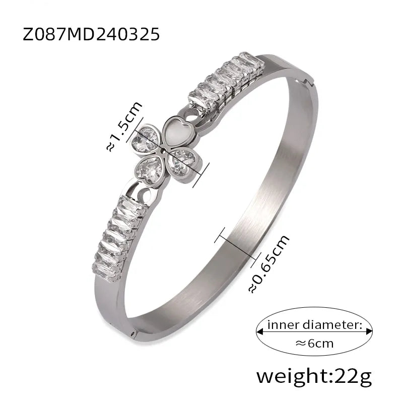 Shell Titanium Steel Elegant French Style Classic Style Plating Inlay Four Leaf Clover Heart Shape Shell Zircon Bangle