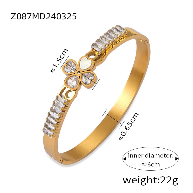 Shell Titanium Steel Elegant French Style Classic Style Plating Inlay Four Leaf Clover Heart Shape Shell Zircon Bangle