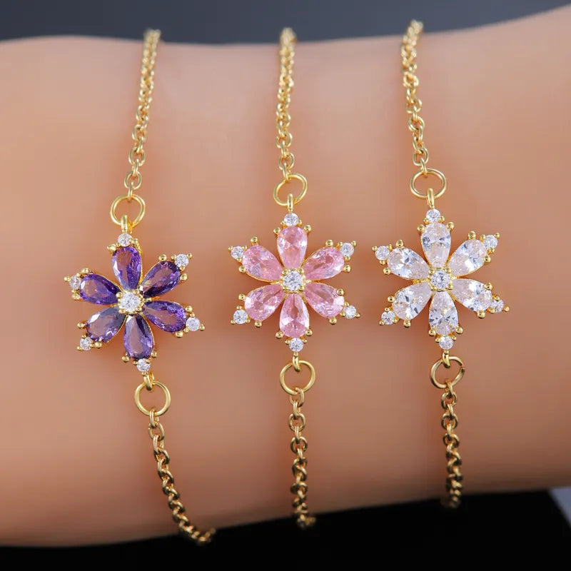 Shiny Flower 304 Stainless Steel Copper 18K Gold Plated Zircon Bracelets In Bulk