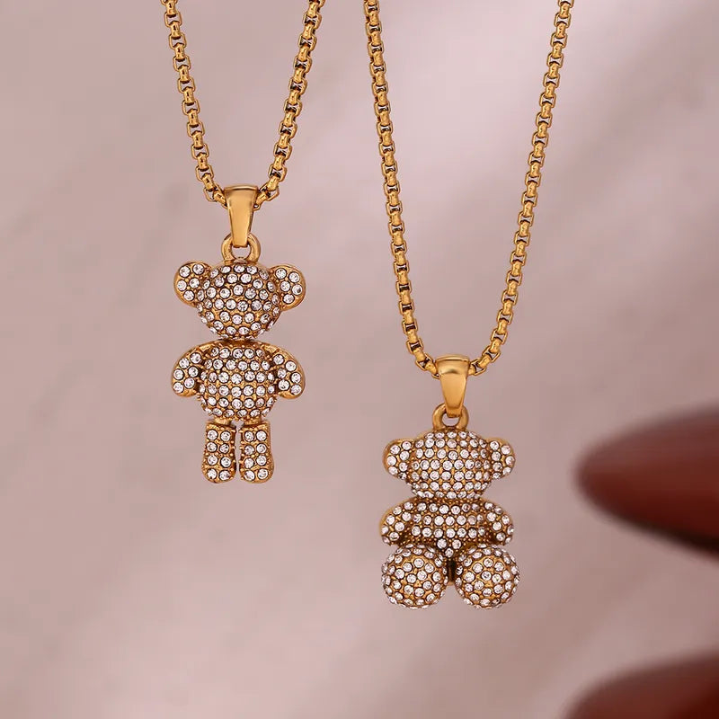 Simple Style Classic Style Bear Stainless Steel Plating Inlay Rhinestones 18k Gold Plated Pendant Necklace