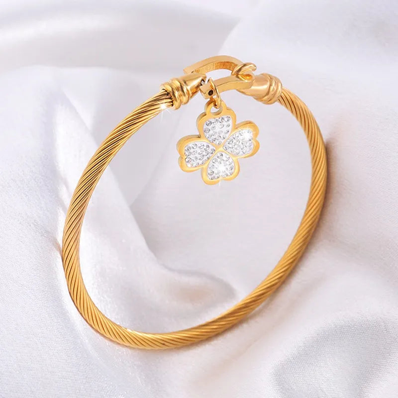 Simple Style Classic Style Four Leaf Clover 304 Stainless Steel Rhinestones Bangle In Bulk