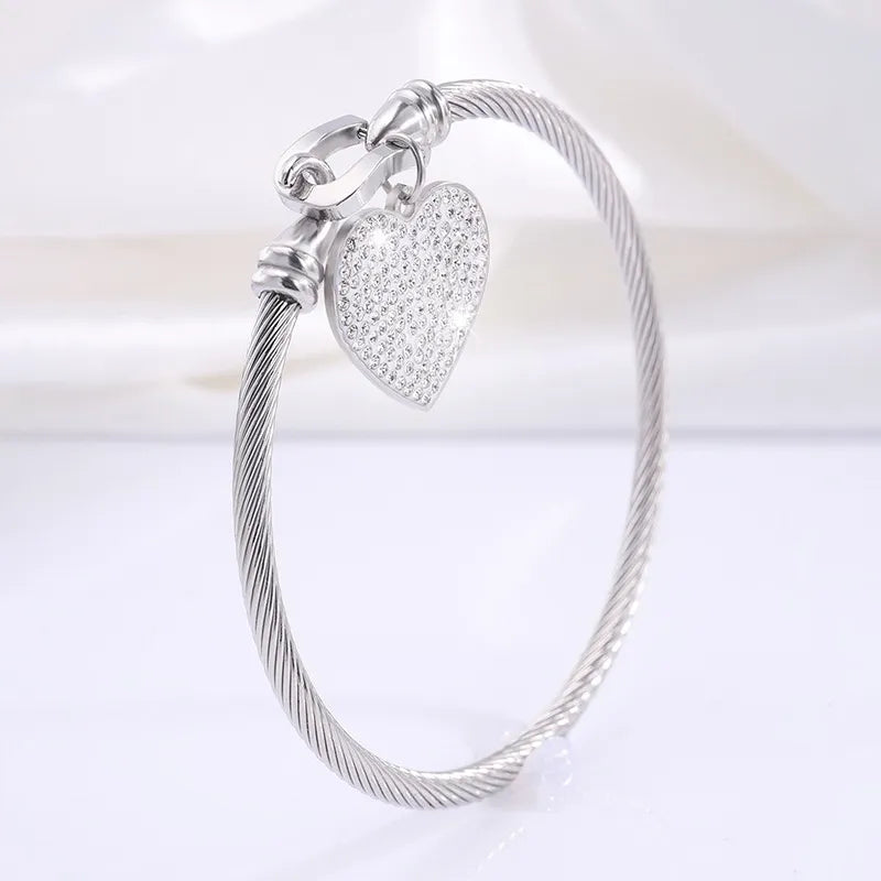 Simple Style Classic Style Heart Shape 304 Stainless Steel Rhinestones Bangle In Bulk