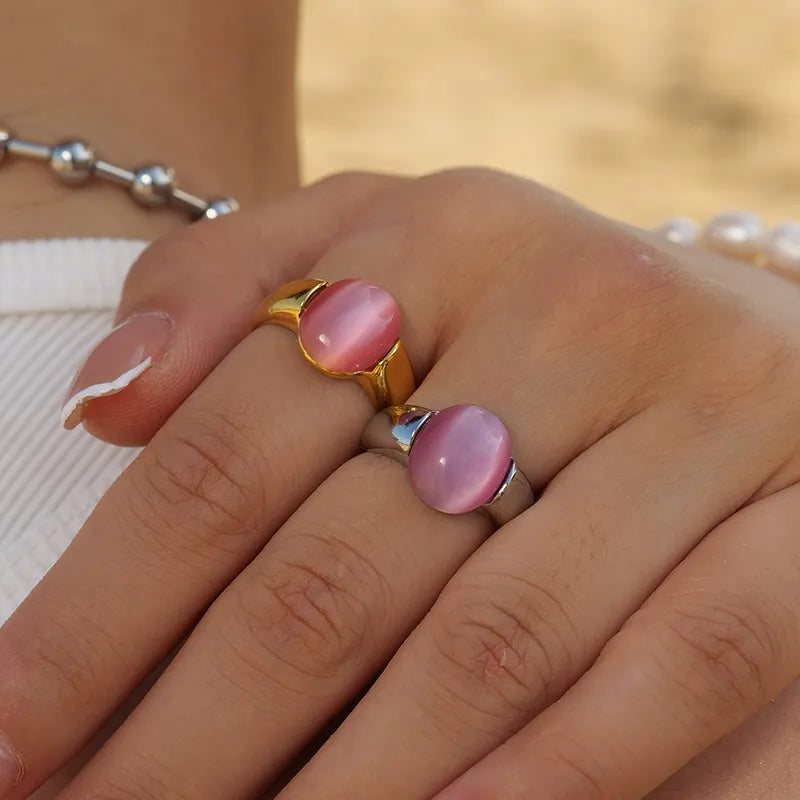 Simple Style Classic Style Oval 316 Stainless Steel 18K Gold Plated Opal Rings In Bulk