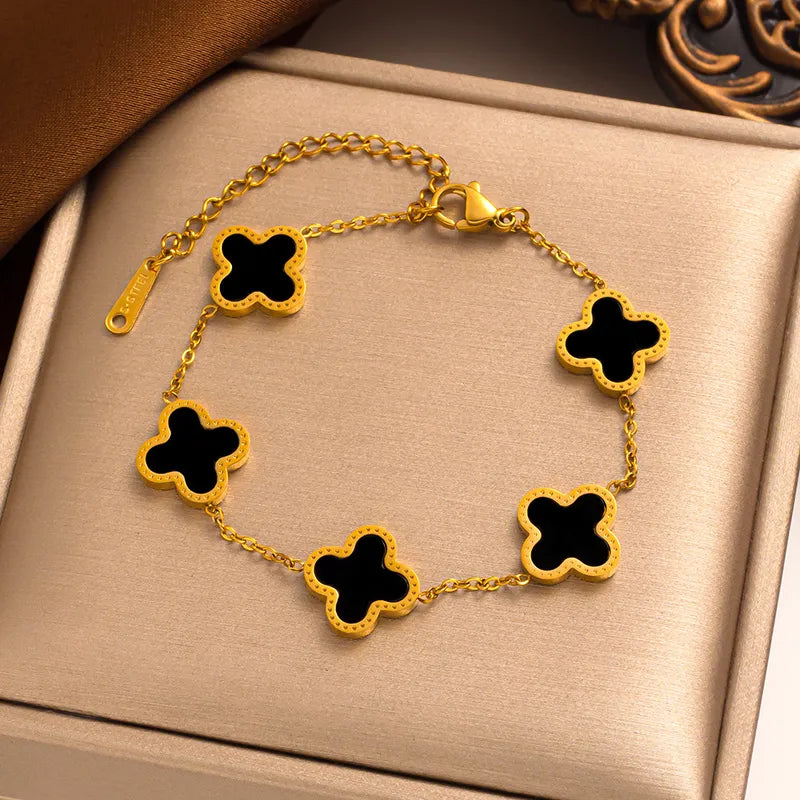 Simple Style Four Leaf Clover Stripe Titanium Steel Plating 18k Gold Plated Bracelets