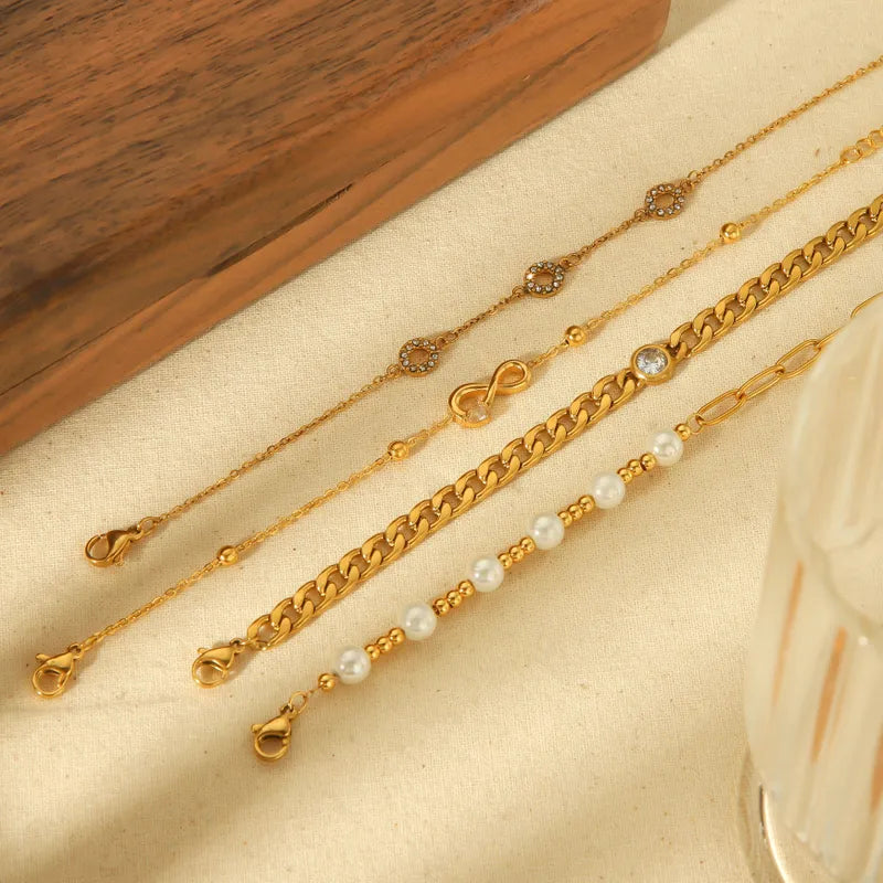 Simple Style Geometric 304 Stainless Steel 18K Gold Plated Artificial Pearls Zircon Bracelets In Bulk