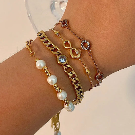 Simple Style Geometric 304 Stainless Steel 18K Gold Plated Artificial Pearls Zircon Bracelets In Bulk