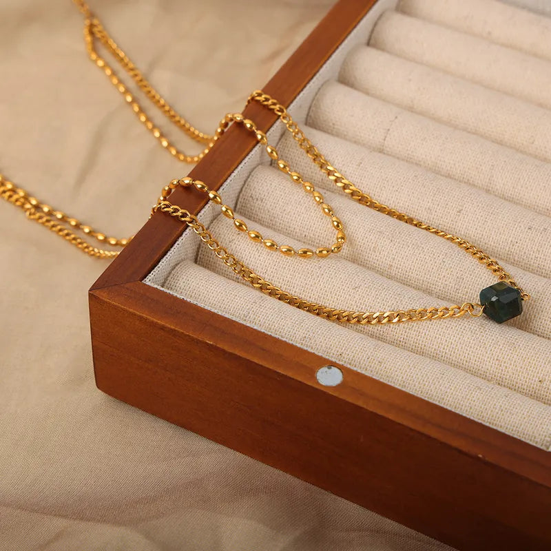 Simple Style Geometric Titanium Steel Plating Inlay Agate 18k Gold Plated Double Layer Necklaces